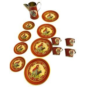 Antique Childs Little Red Riding Hood 13 Piece Tin Lithograph Tea Set ca1915 EUC